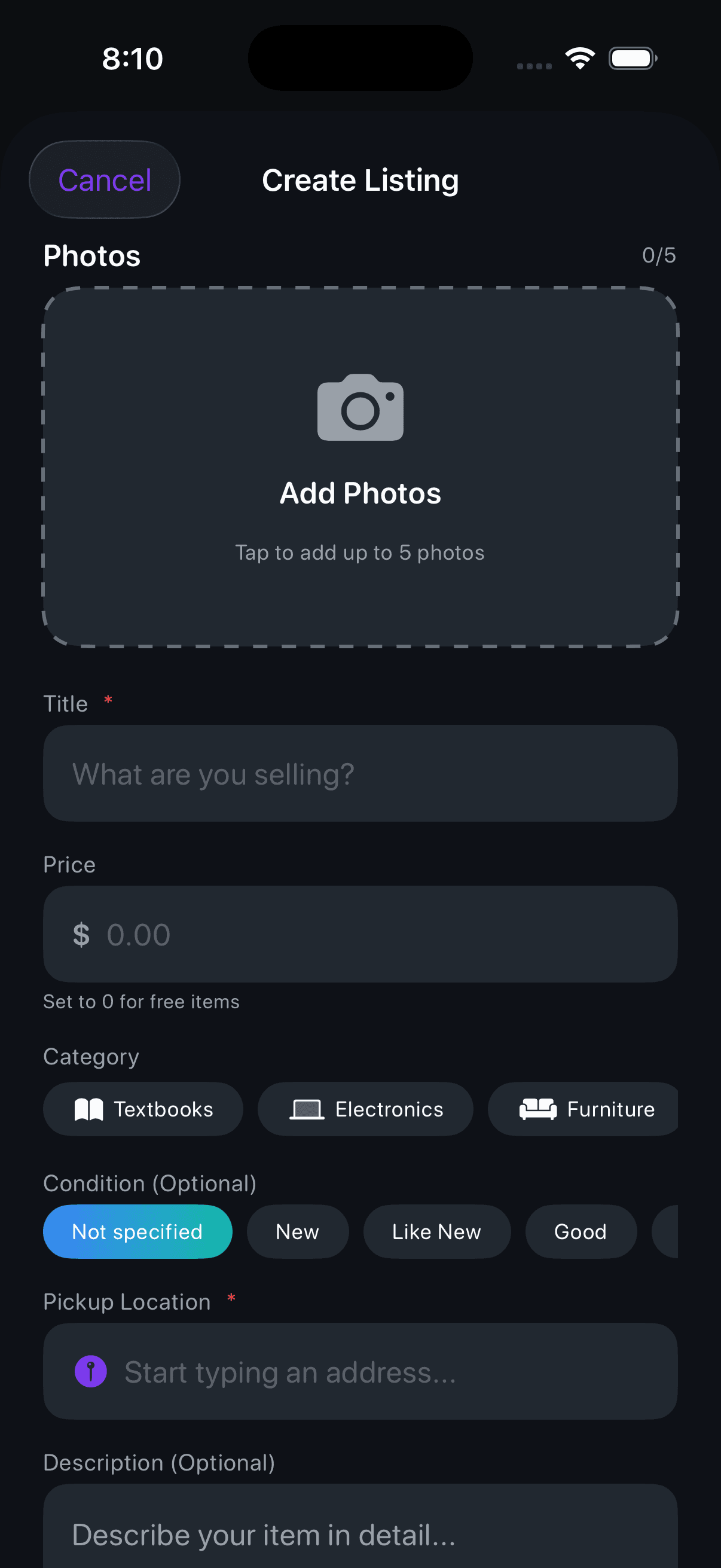 Create Listing dark mode